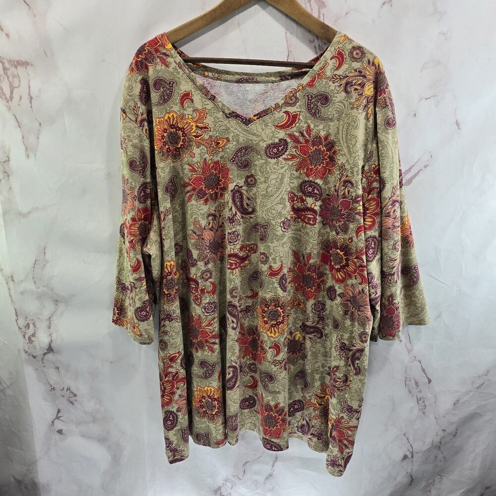 Catherines Shirt Womens 2X 22 24 Red Burnout V Stretch Paisley Floral